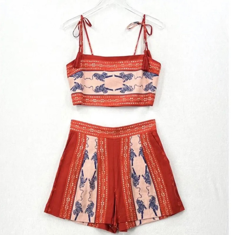 CAROLINE CONSTAS Linen 2 Piece Short Set Medium Red Orange Tiger Print M